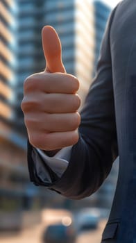 A businessperson giving a thumbs up in an urban setting.