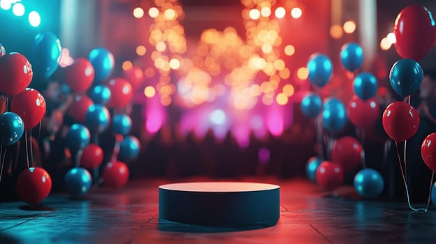 A modern podium set up in grand event hall, surrounded by colorful balloons, creates festive atmosphere for celebrations