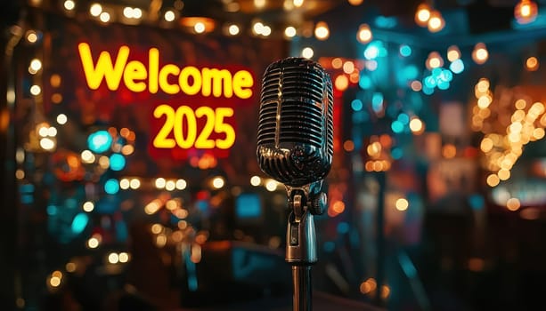 A Welcome 2025 sign illuminated behind vintage microphone, creating festive atmosphere for celebrations