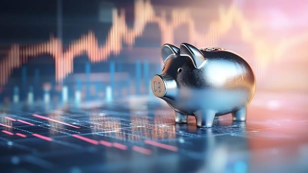 A metallic piggy bank on a financial chart background.