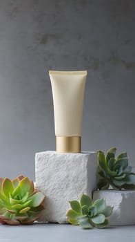 A minimalist display featuring a cream tube and succulents.