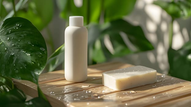 A minimalist display of a shampoo bottle and soap on a wooden surface.