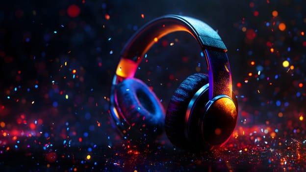 A pair of headphones surrounded by colorful sparkles and lights.