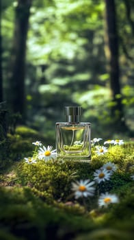 A perfume bottle surrounded by daisies in a lush forest setting.