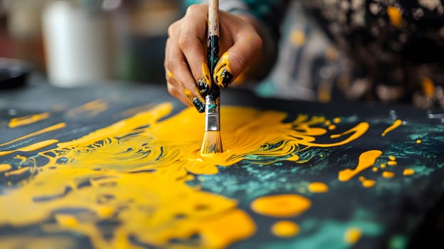 A person painting with yellow paint on a dark canvas.