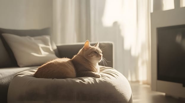 A relaxed cat lounging in sunlight on a cozy cushion.