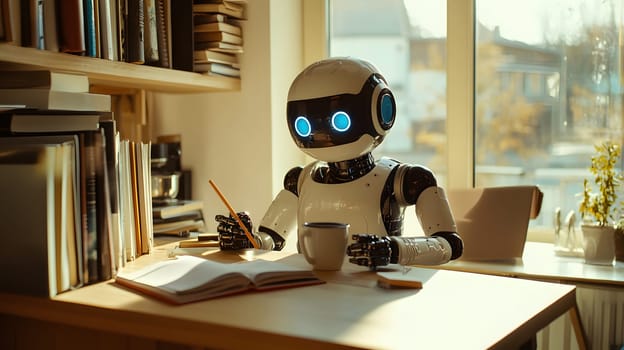 A robot studying at a desk, holding a pencil and a cup.