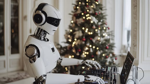A robotic DJ performing in front of a decorated Christmas tree.