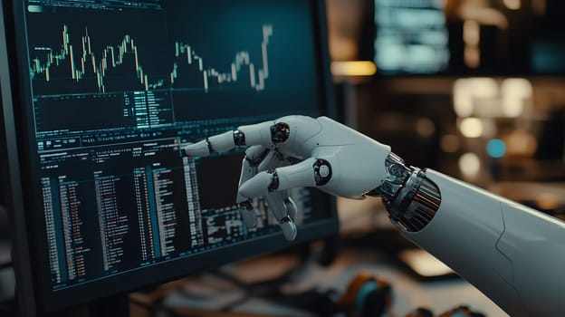 A robotic hand interacts with data on a computer screen.