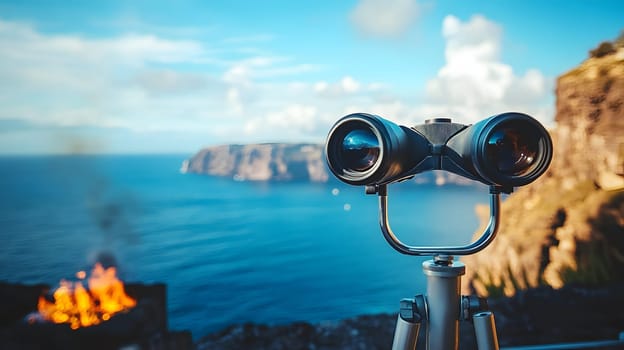A scenic view with binoculars overlooking the ocean and fire.