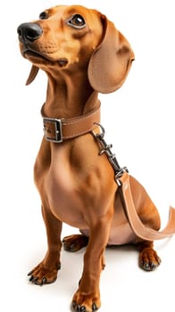 A seated dachshund wearing a brown collar and leash.