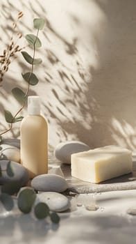 A serene arrangement of skincare products and stones.