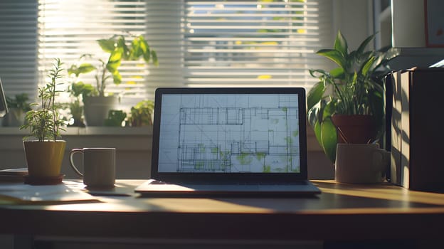 A serene workspace with plants and a laptop displaying blueprints.