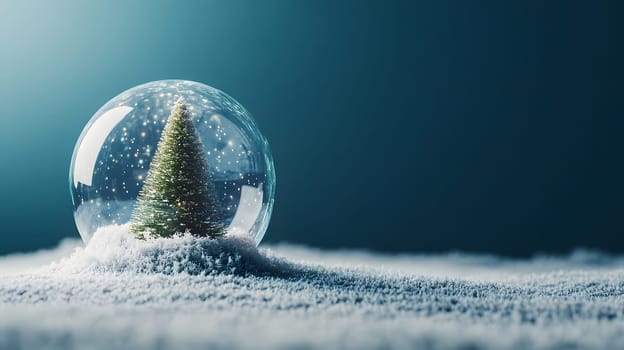 A snow globe featuring a miniature Christmas tree in snow.