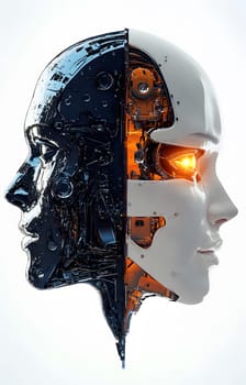 A split-face robot illustration showcasing contrasting designs.