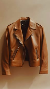 A stylish brown leather jacket displayed against a neutral background.