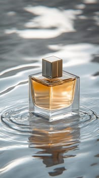 A stylish perfume bottle resting on rippling water.