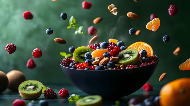 A vibrant fruit bowl with flying berries and nuts, showcasing freshness.