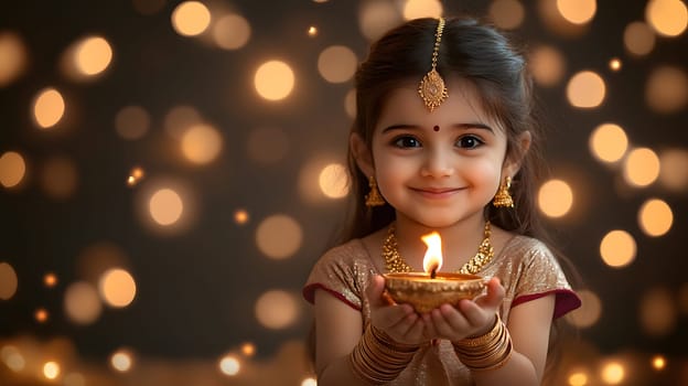 A young girl holds a lit diya, celebrating a festive occasion.