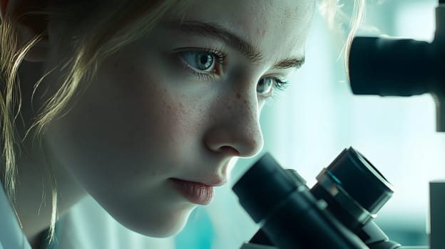 A young researcher intently examining samples under a microscope.