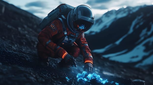 Astronaut exploring a mysterious blue substance on a rocky terrain.