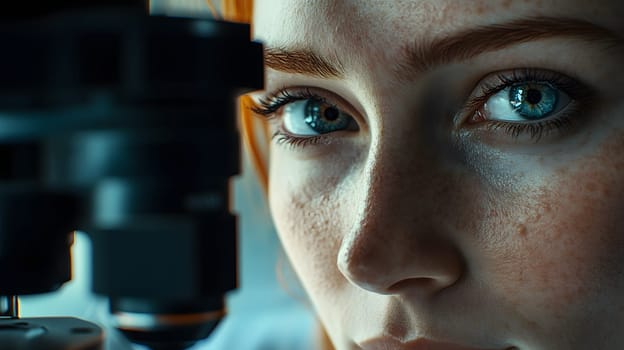 Close-up of a focused individual examining a microscope.
