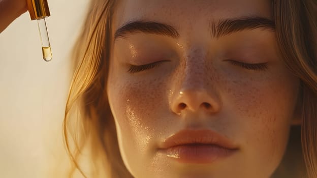 Close-up of a person applying a facial oil with serene expression.