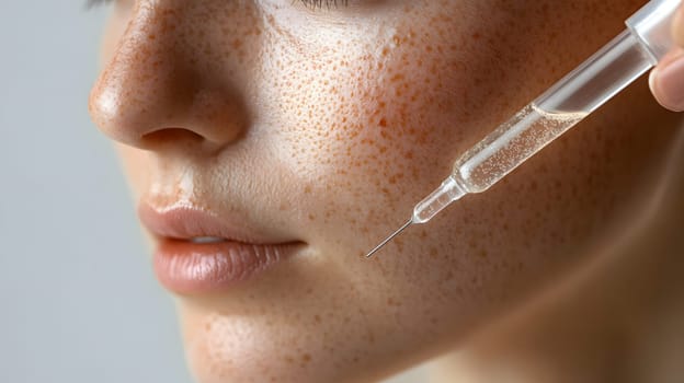 Close-up of a syringe near a person's freckled face for cosmetic treatment.
