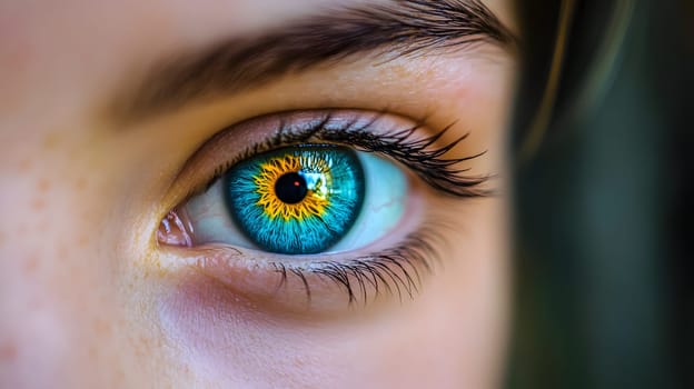 Close-up of a vibrant, multicolored eye showcasing intricate details.