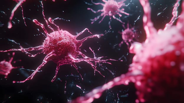 Close-up of vibrant, stylized microorganisms in a dark environment.