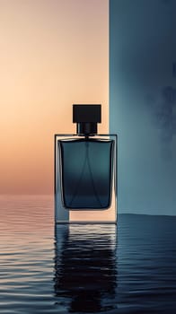 Elegant perfume bottle against a serene sunset backdrop.