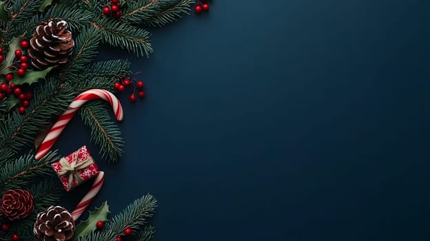 Festive arrangement of pine branches, cones, and holiday decorations.