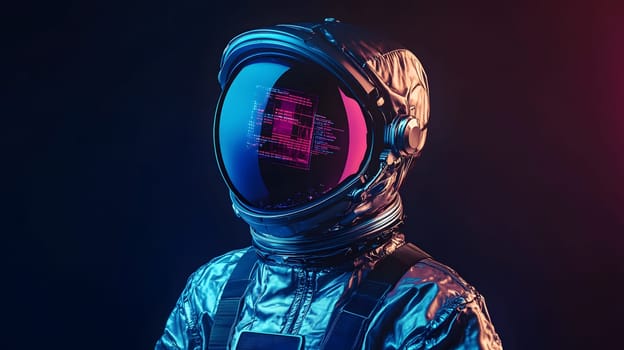 Futuristic astronaut with a digital visor in a vibrant setting.