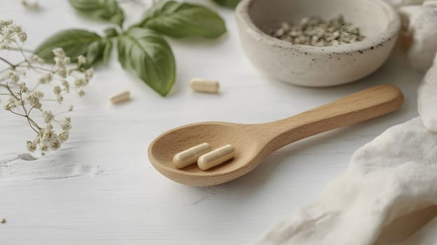 Herbal capsules on a wooden spoon with plants and a bowl.