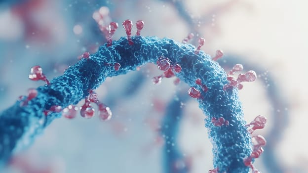 Microscopic view of a viral structure on a molecular strand.