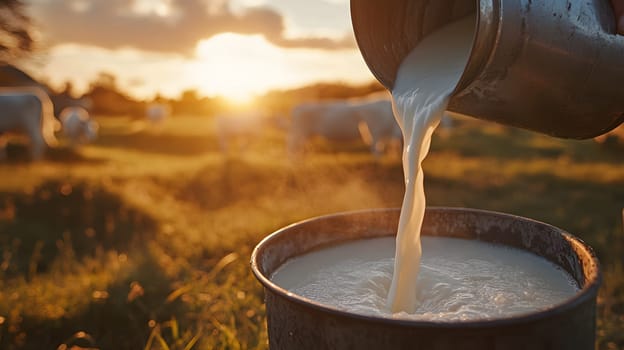 Milk being poured into a bucket during a sunset on a farm.