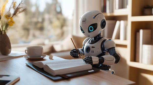 Robot studying with a book in a cozy, well-lit environment.
