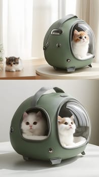 Two cats lounging inside a stylish pet carrier.