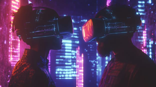 Two individuals in VR headsets, immersed in a vibrant digital space.
