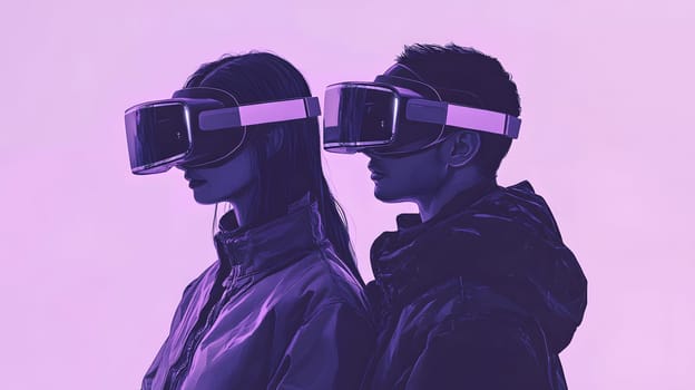 Two individuals wearing virtual reality headsets in a stylized setting.