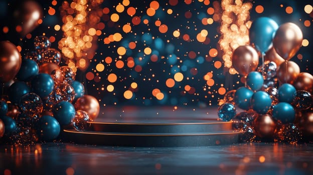 A vibrant event stage with colorful balloons and sparkling lights creates festive atmosphere