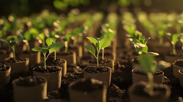 Young plants growing in biodegradable pots under soft lighting.