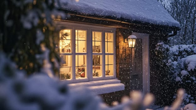 Christmas in the countryside, cottage decorated for holidays on a snowy winter evening with snow and holiday lights, English country styling inspiration