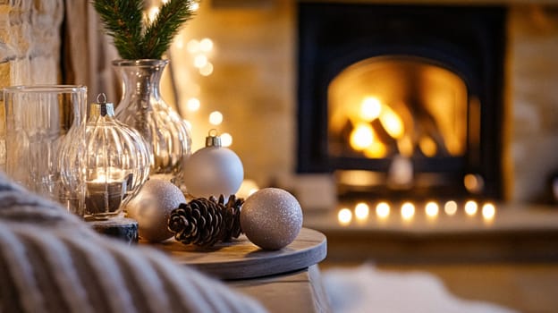 Christmas, holiday decor and country cottage style, cosy atmosphere, decorated Christmas tree in the English countryside house living room with fireplace, interior decoration idea