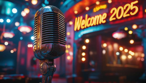 A Vintage microphone in lively venue, celebrating arrival of 2025 with vibrant lights and festive decor