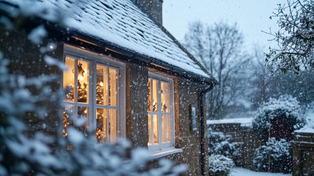 Christmas in the countryside, cottage decorated for holidays on a snowy winter evening with snow and holiday lights, English country styling inspiration