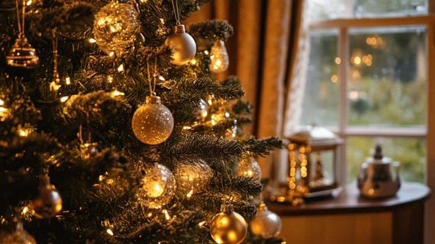 Christmas, holiday decor and country cottage style, cosy atmosphere, decorated Christmas tree in the English countryside house living room with fireplace, interior decoration idea