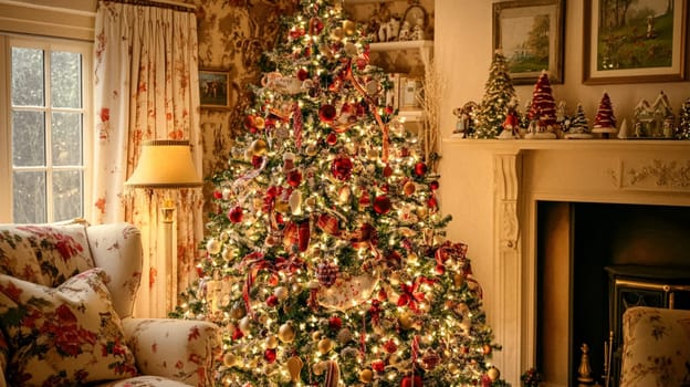 Christmas, holiday decor and country cottage style, cosy atmosphere, decorated Christmas tree in the English countryside house living room with fireplace, interior decoration idea