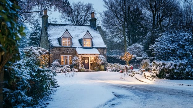 Christmas in the countryside, cottage decorated for holidays on a snowy winter evening with snow and holiday lights, English country styling inspiration