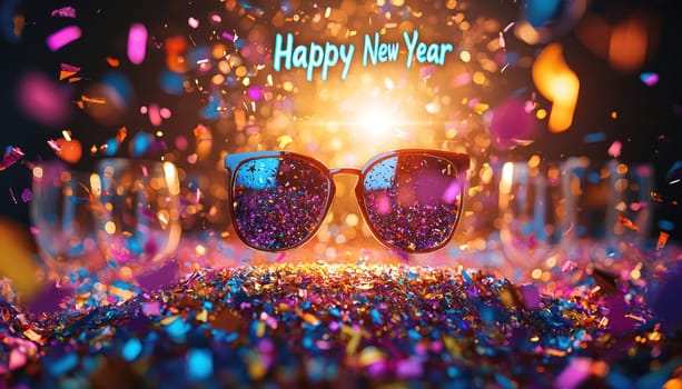 A Colorful confetti and sparkling glasses create festive atmosphere for New Year celebrations, symbolizing joy and excitement